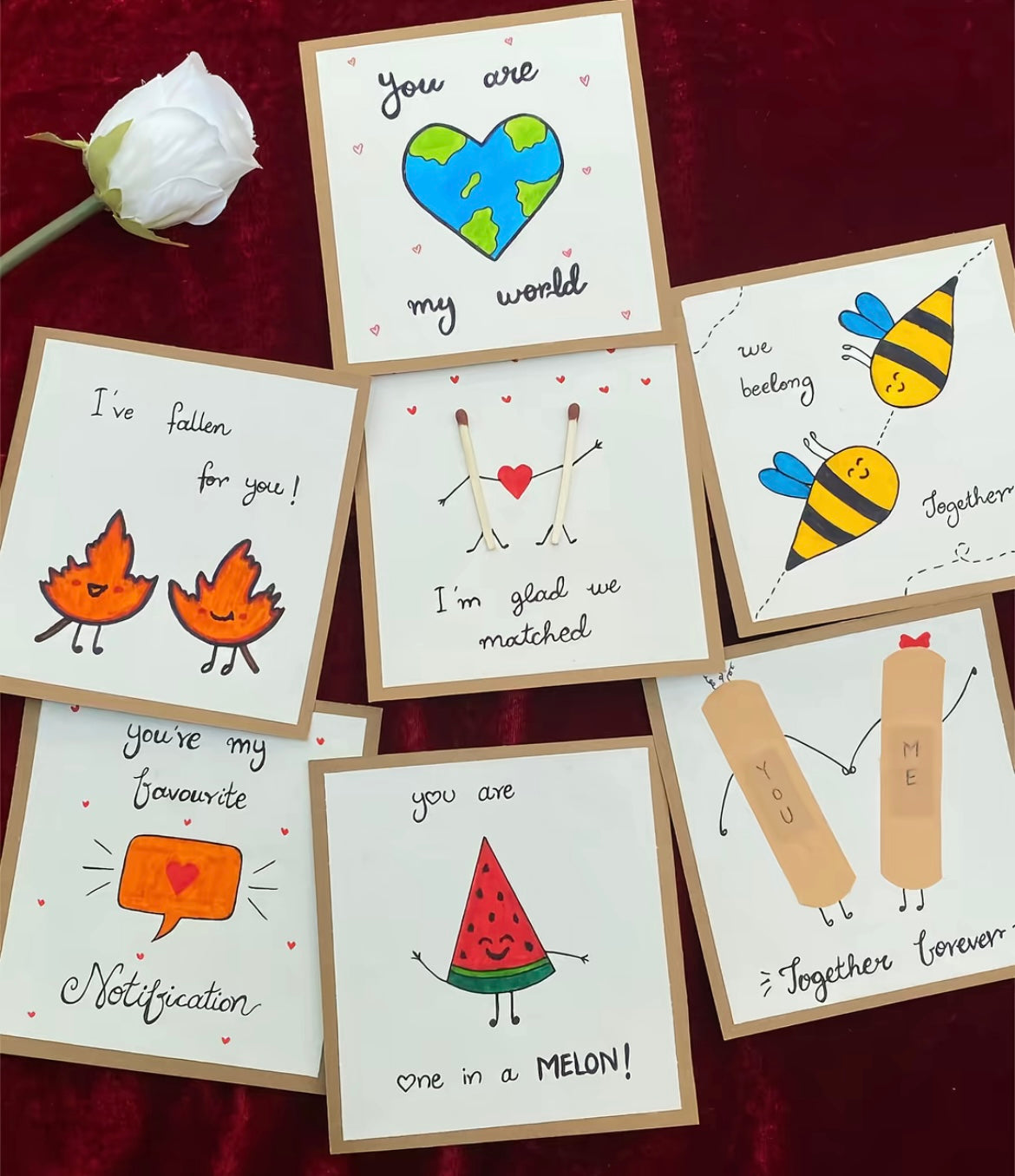 Pack of 8 mini handmade love pun cards